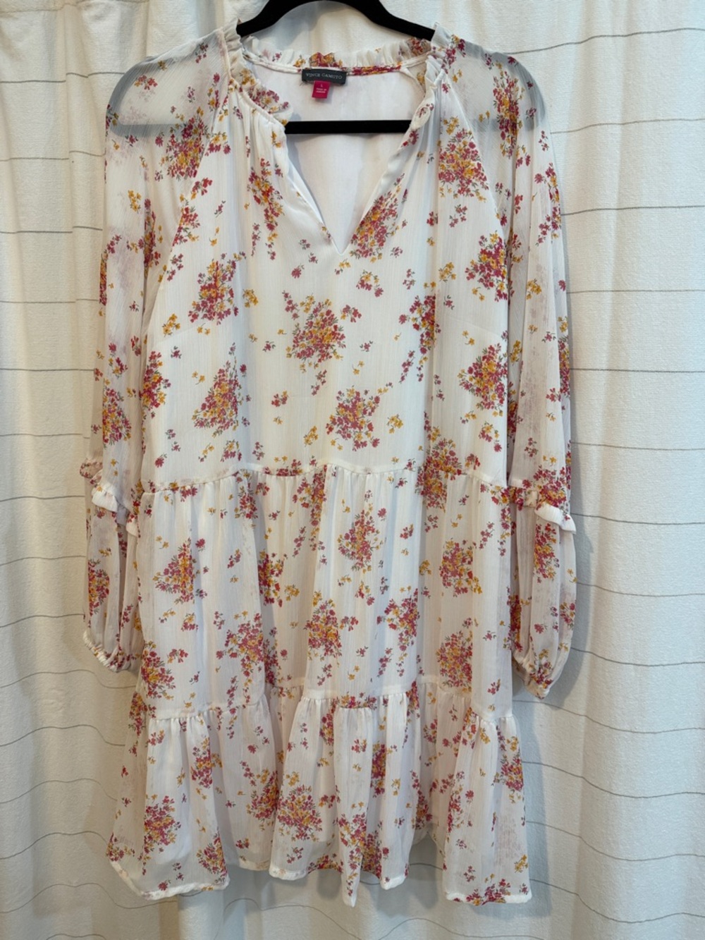 Vince Camuto White Long-Sleeve Floral Tiered Dress with Pink & Yellow Print